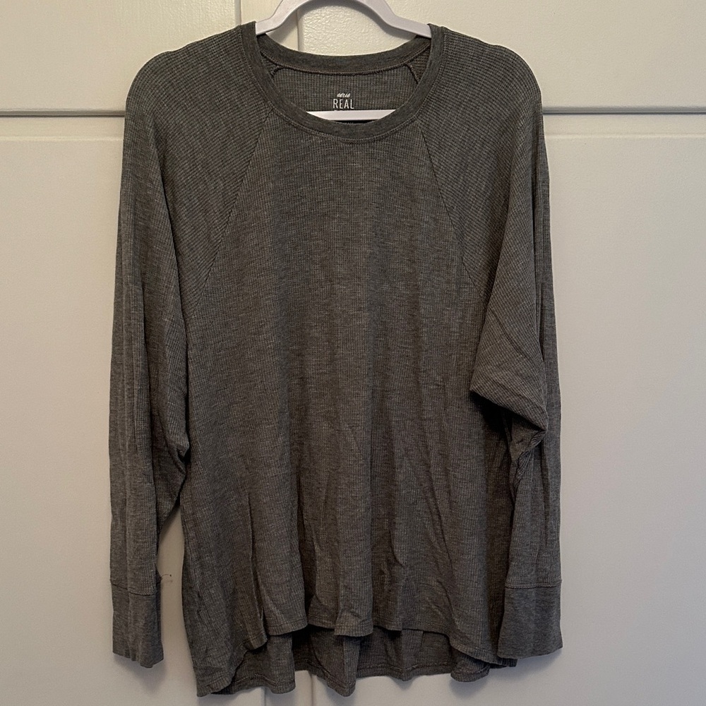 LIKE NEW Aerie Real Soft Grey Waffle Knit Cotton Long Sleeve Tshirt Top - Picture 1 of 4